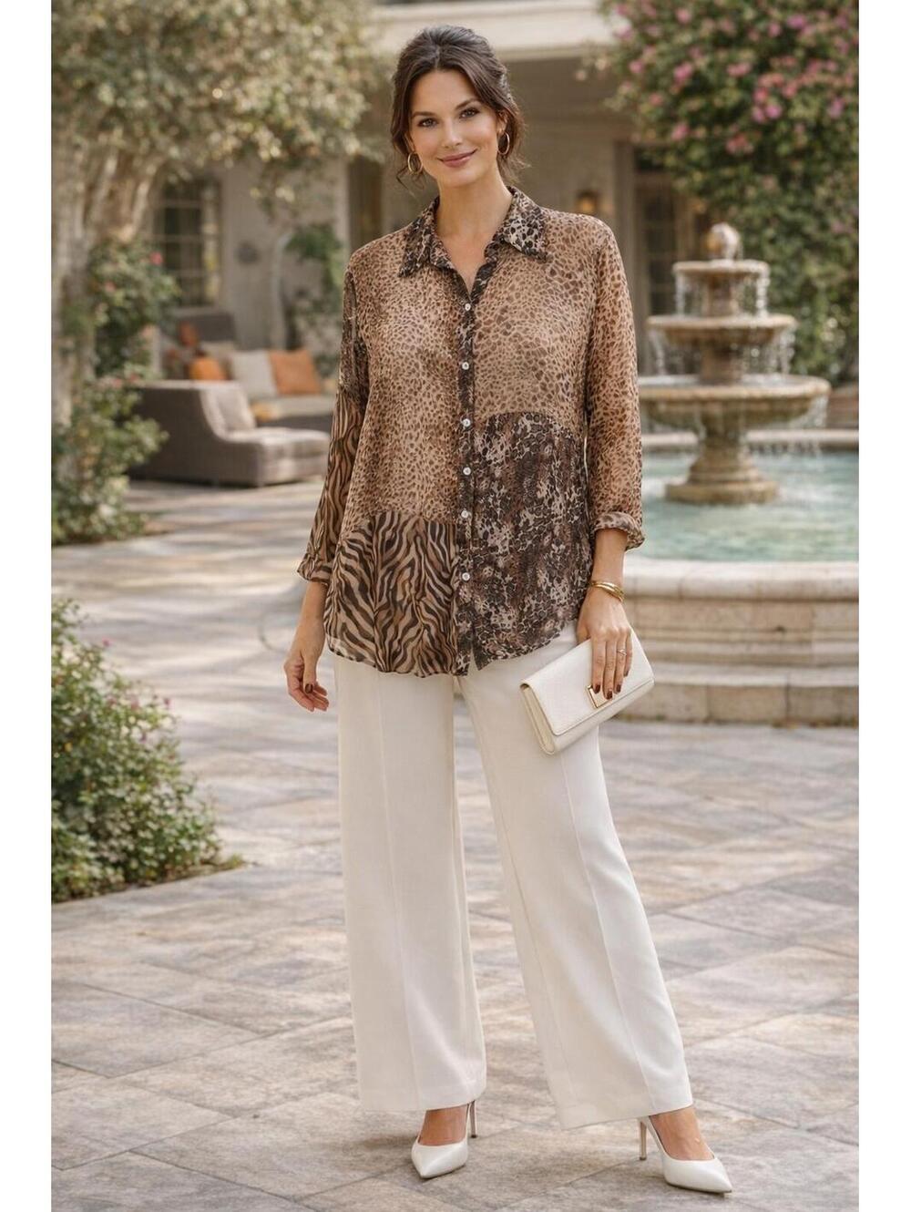 Chico’s Women's Silk Brown Sheer Mixed Animal Print Button Front Top, 2 (Lg)